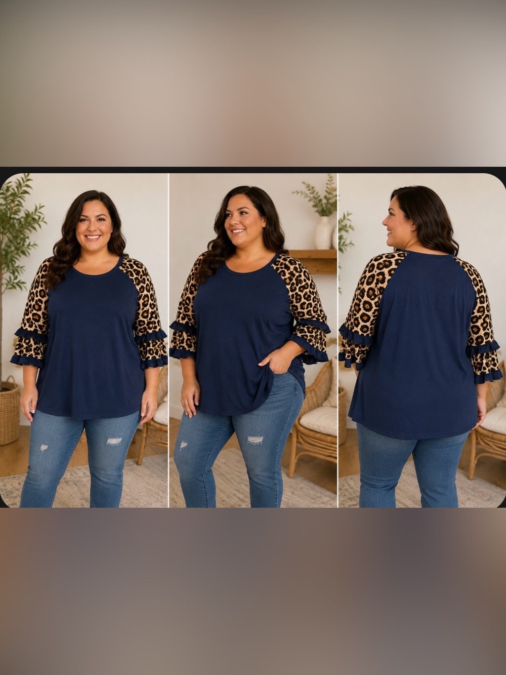 Woman Within Navy Blue & Leopard Print Ruffle Sleeve Blouse – Size 4X (26/28)
